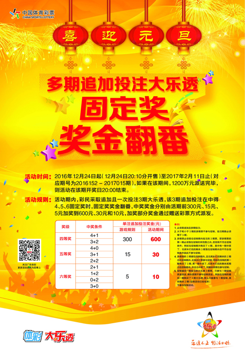 广东超级大乐透多期追加投注 固定奖奖金翻番