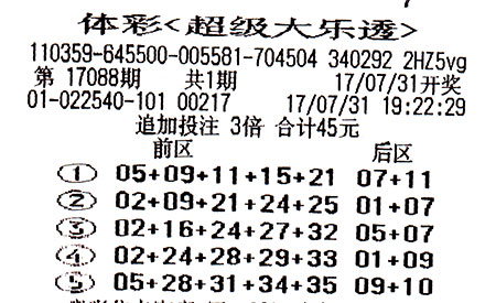 福建福州购彩者机选倍投 喜中大乐透二等奖84.2万