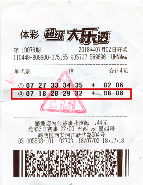 广东佛山购彩者4元单式票揽大乐透头奖781万元