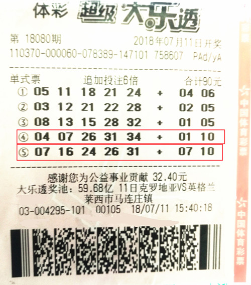 倍投体彩大乐透 山东青岛莱西购彩者中奖76万